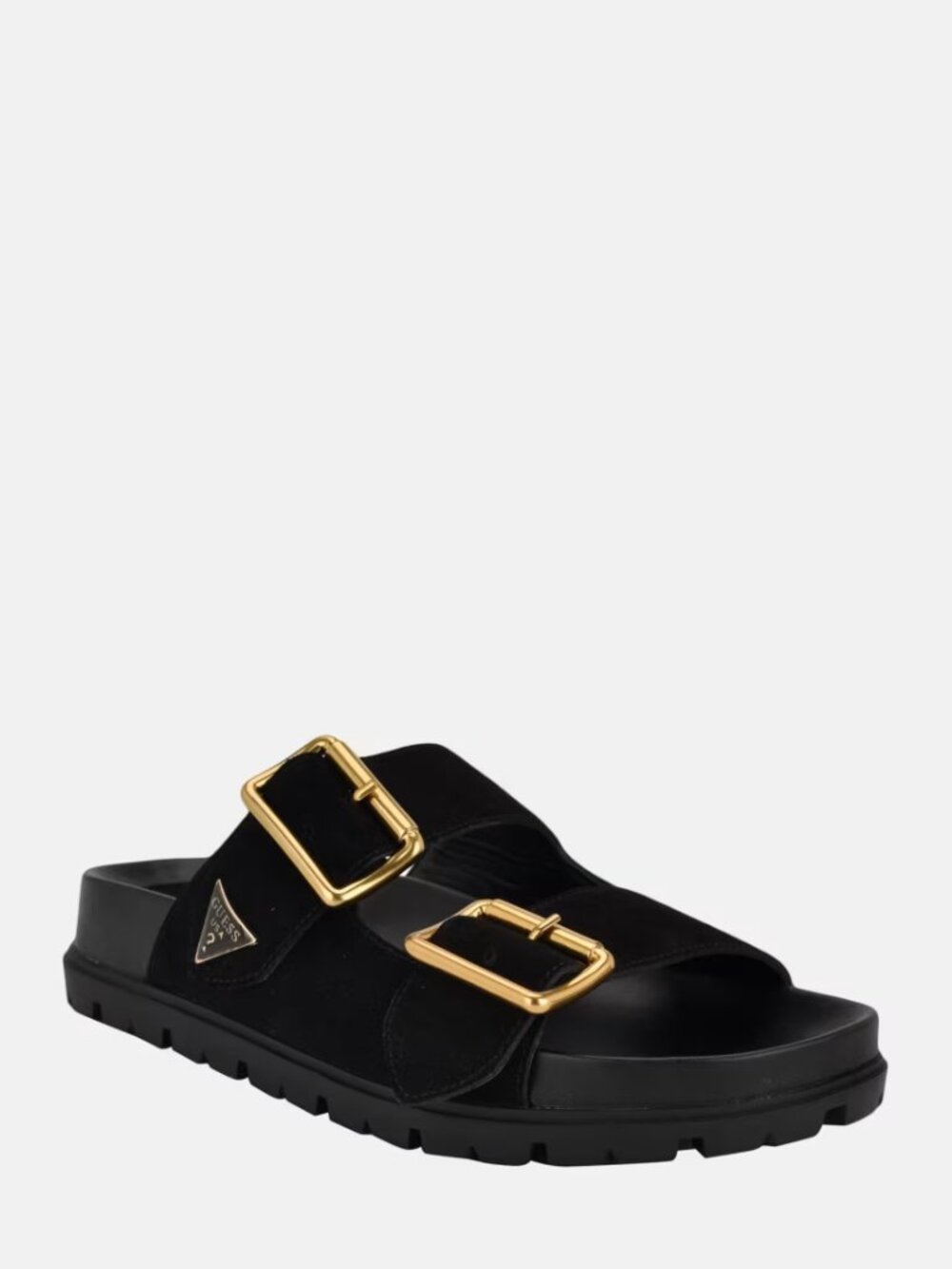 Guess Black Suede Double-Buckle Slide Sandals with Gold Hardware